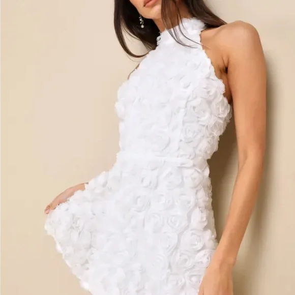 Beloved Blossoming White 3D Floral Halter Backless Mini Dress - Picture 6 of 12